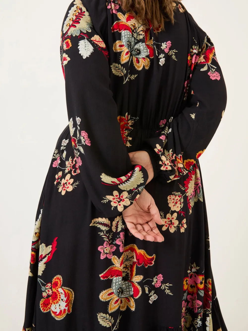 Black Floral Long Sleeve Midi Dress