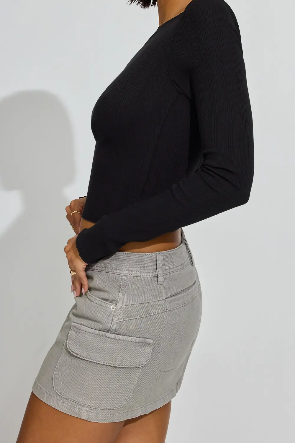 Cargo Denim Low Waist Skirt Grey