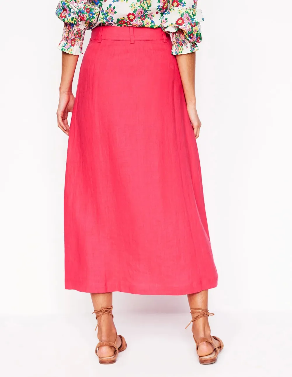 Hot Pink Button - Front Linen Midi Skirt
