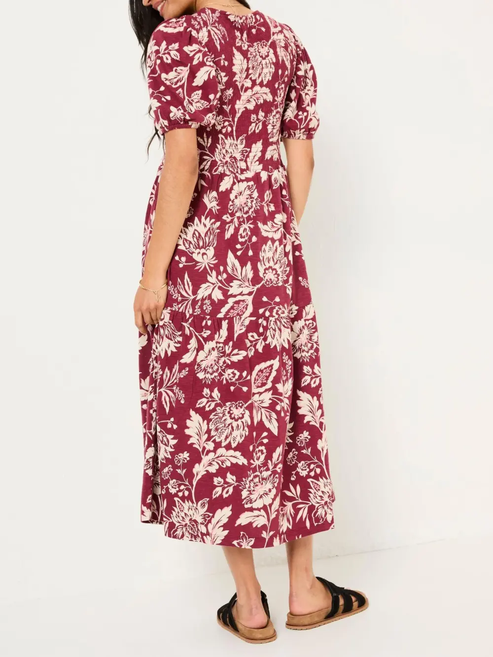 Burgundy Red Floral Short Sleeve Midi Dress