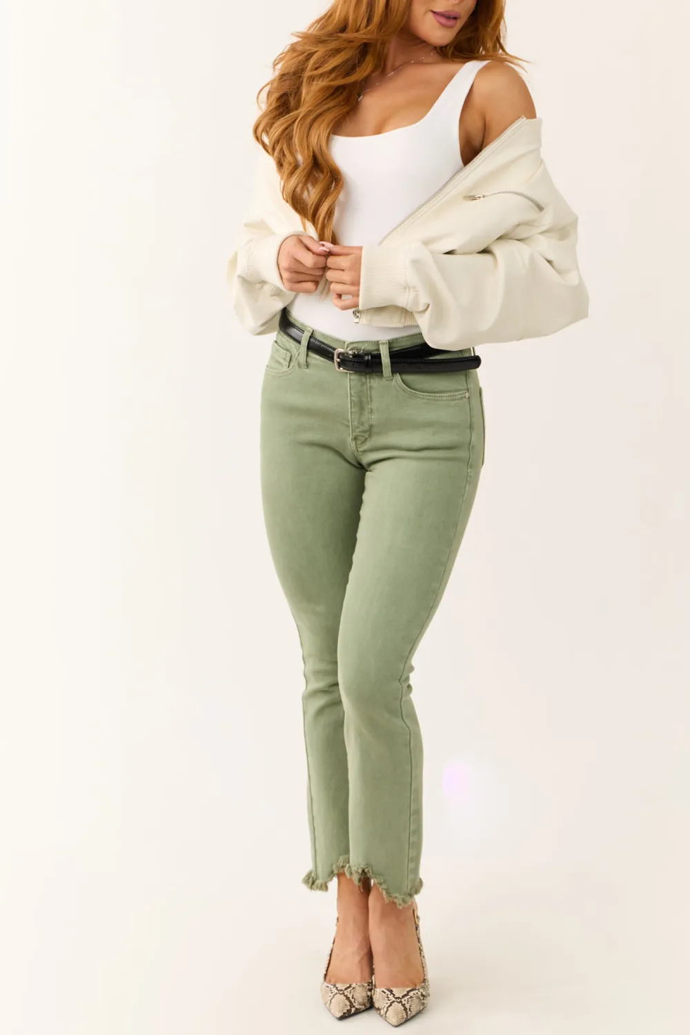 Olive Green Frayed Hem Jeans