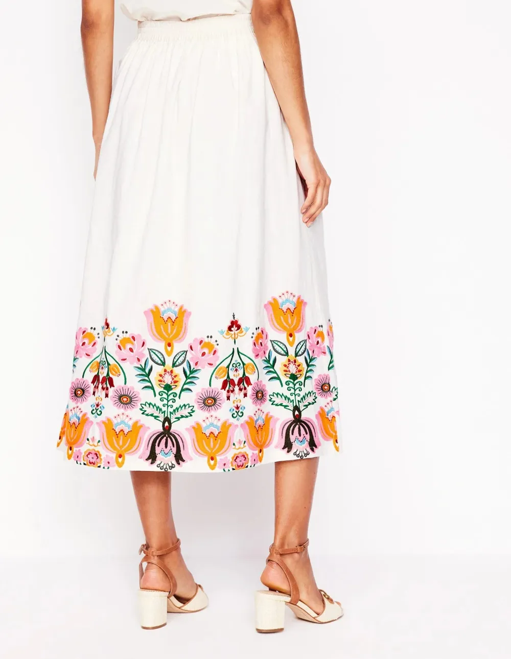 White Embroidered Verity Linen Midi Skirt