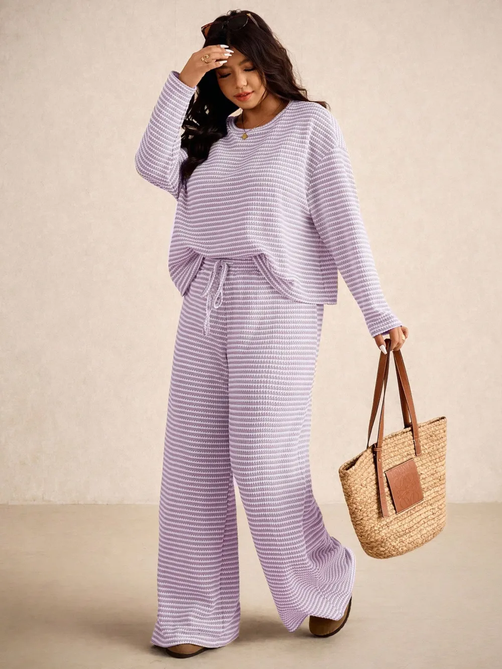 Women's Plus Size Loose Striped Long Sleeve 2pc Set