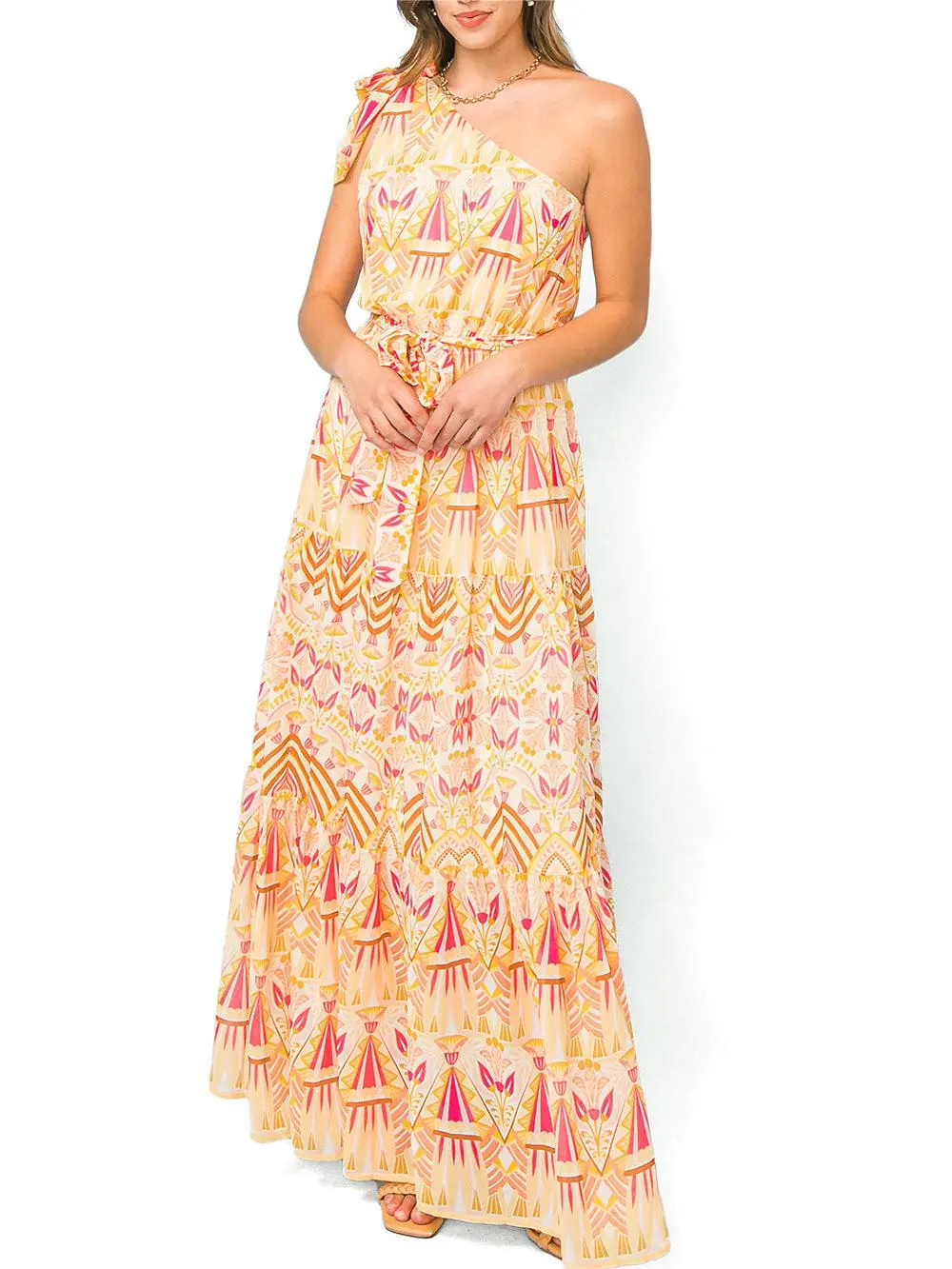 Peach - Colored One - Shoulder Maxi Dress