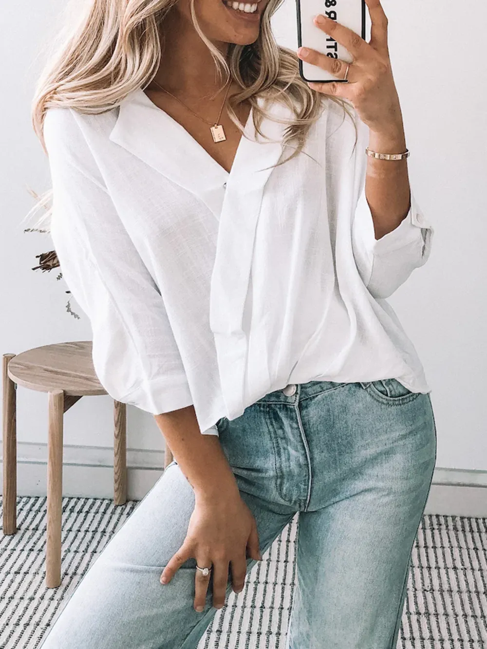 Casual Style V neckline White Top