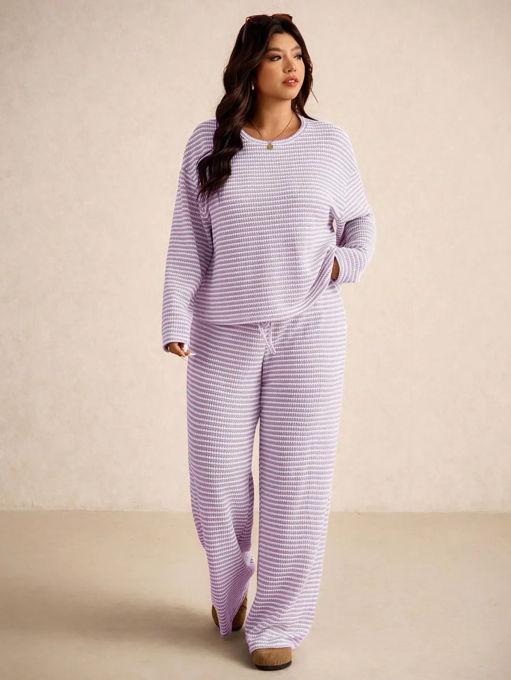 Women's Plus Size Loose Striped Long Sleeve 2pc Set