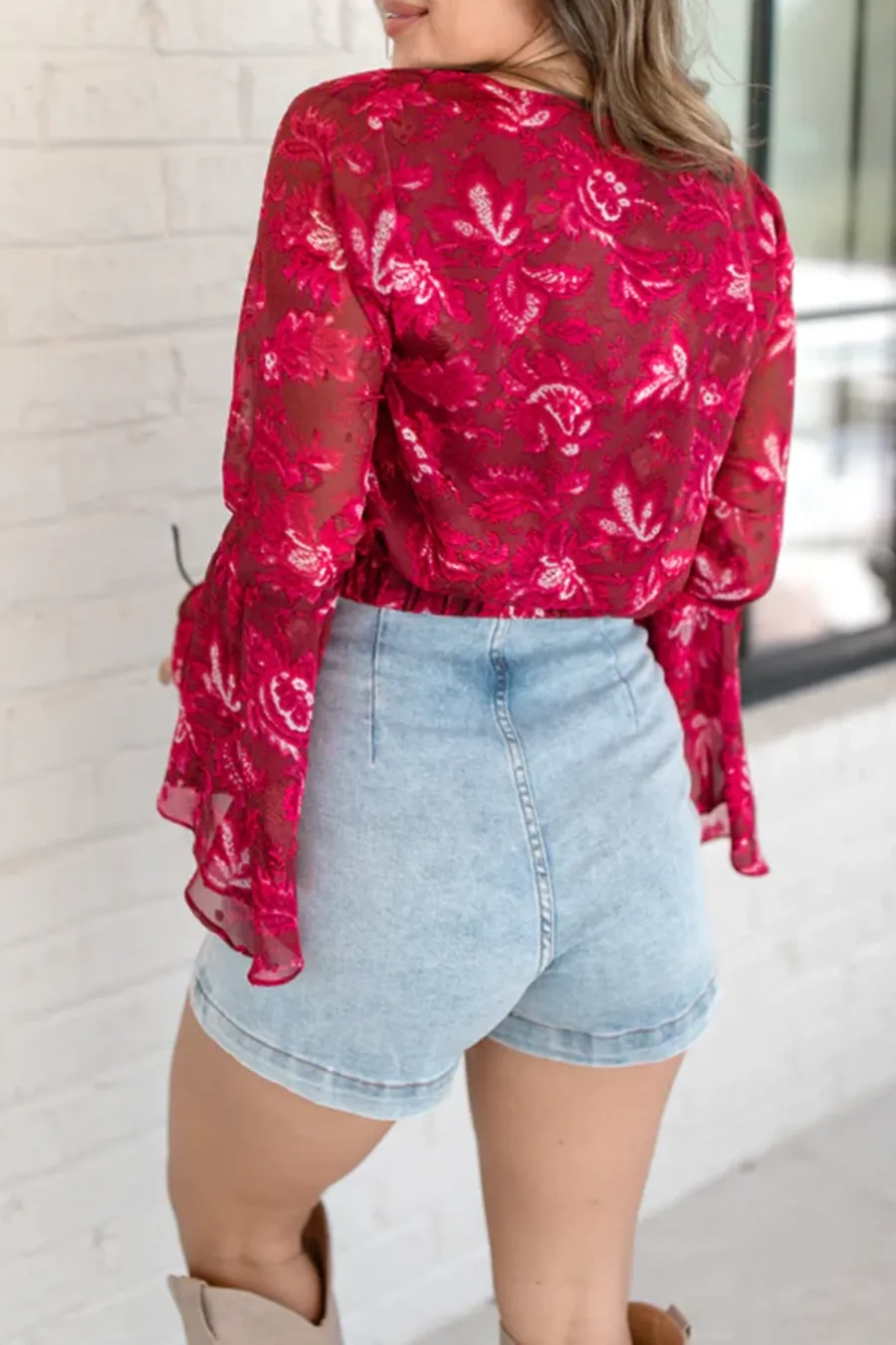 Berry Floral Bell Sleeve Tie Front Blouse