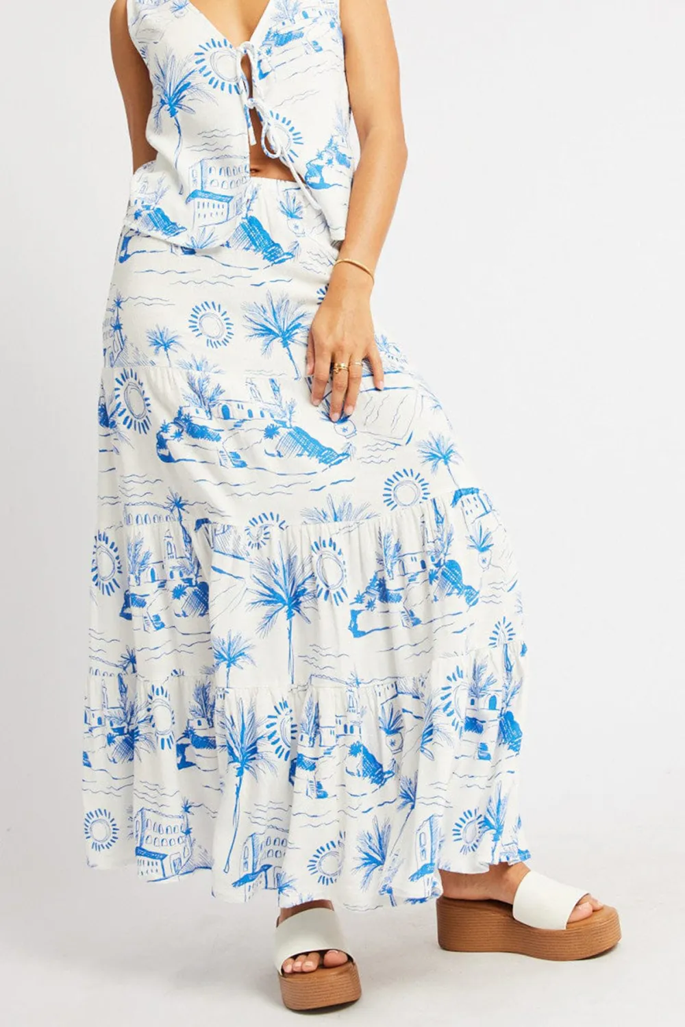 Blue Abstract Maxi Skirt Tiered High Rise Elastic Waistband