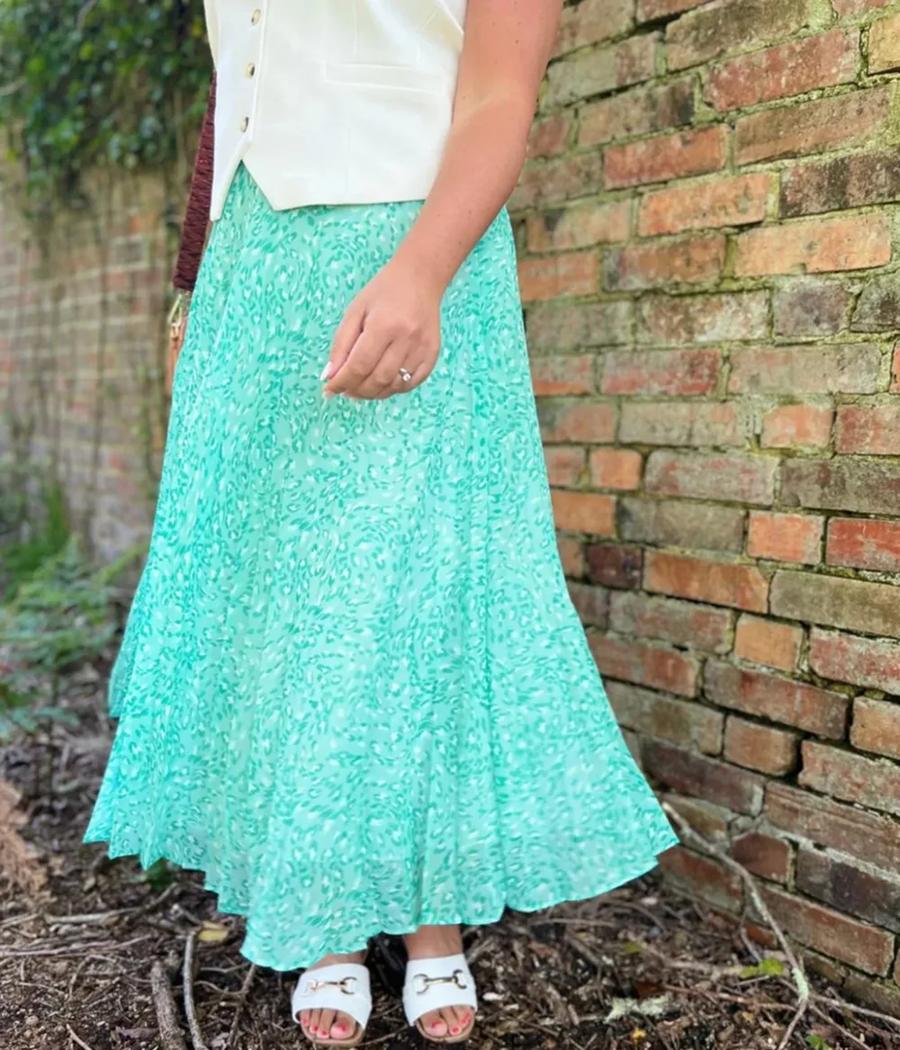 Green Swirling Animal Pleated Midi Skirt