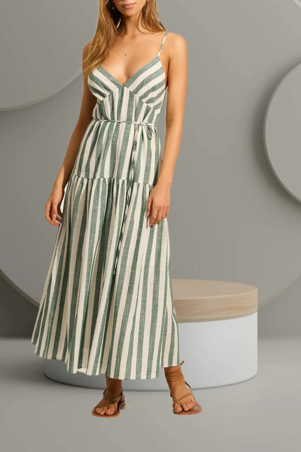 Classic Forest Green Stripes V-Neck Dress