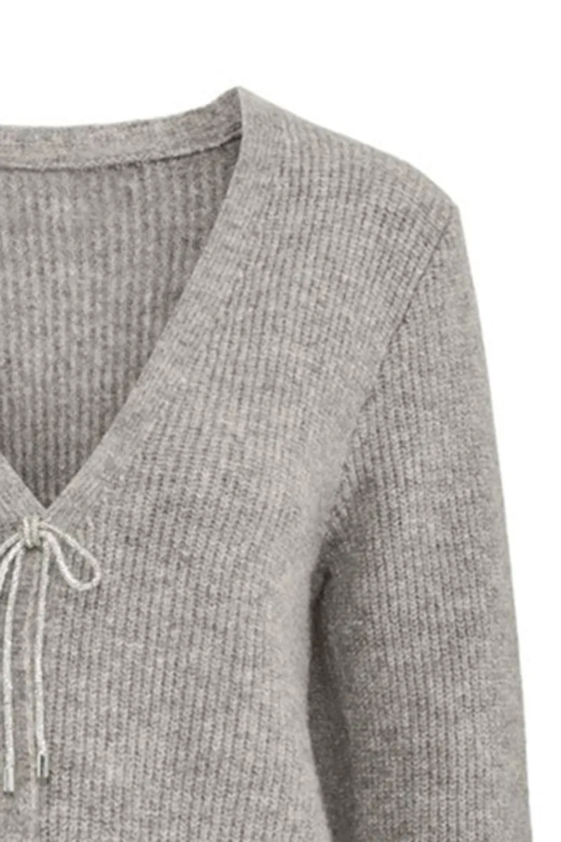 Grey Tie Front V-Neck Knit Cardigans