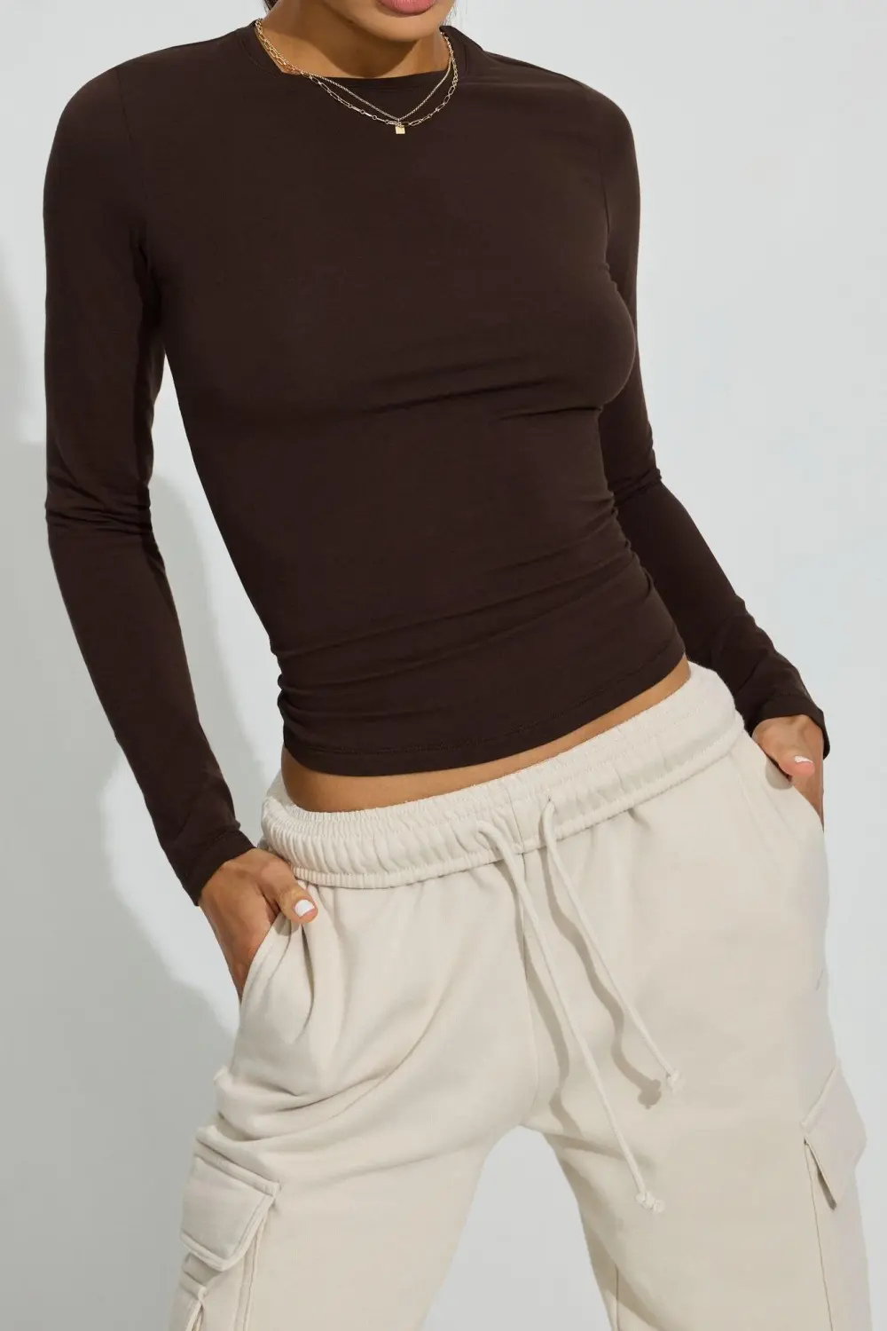 Brown Long Sleeve Slim Fit T-Shirt