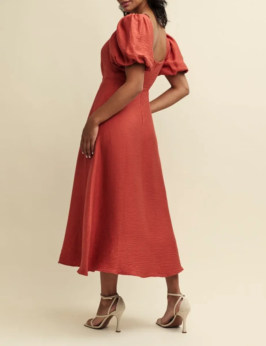 Puff Sleeve Textured Midi Dress