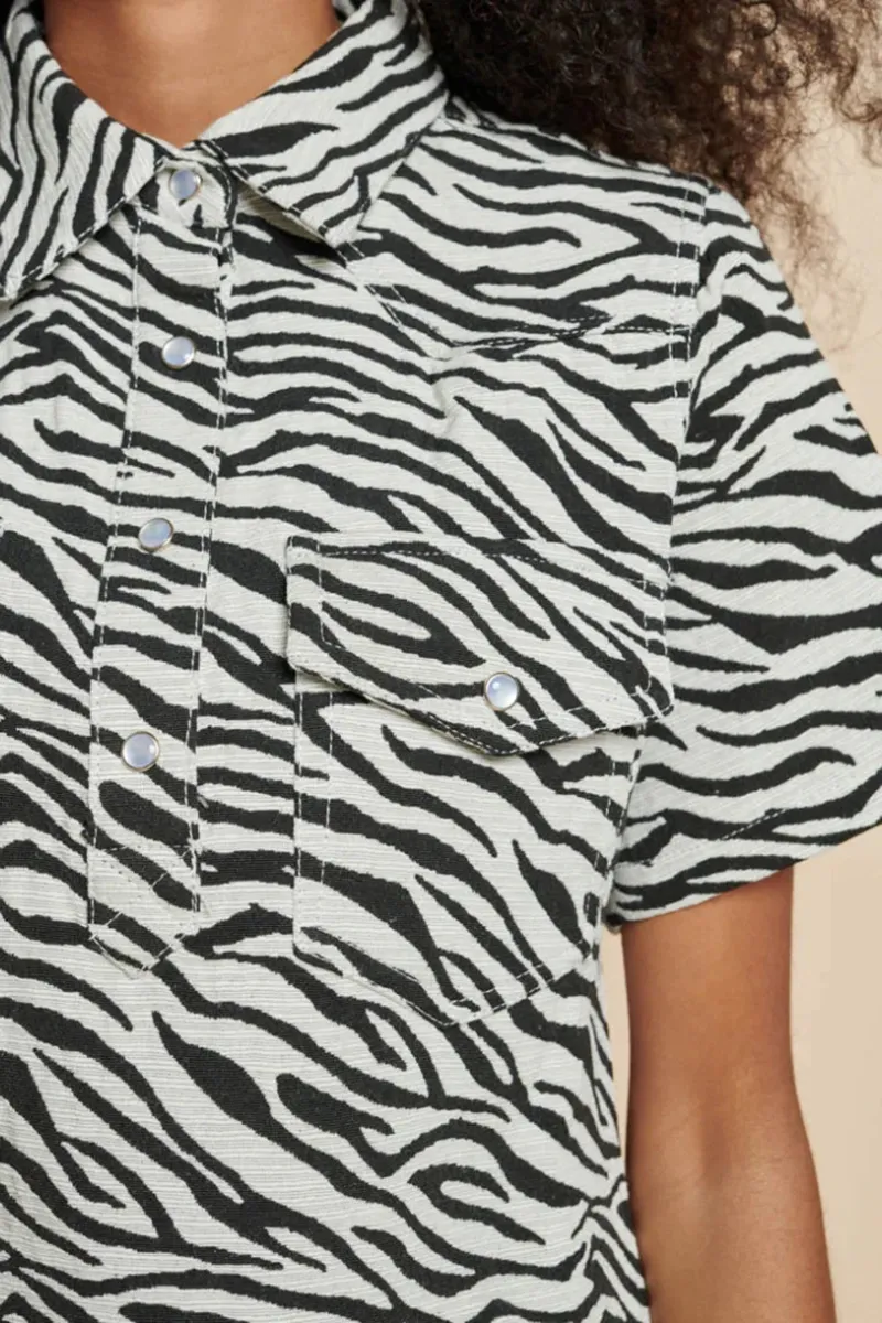 Zebra Print Collared Short Sleeve Dresses