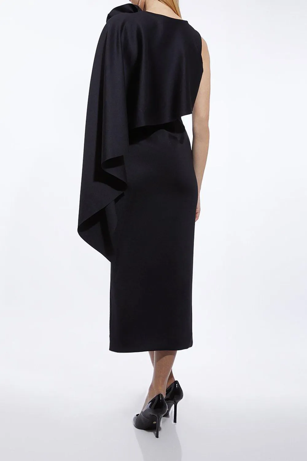 Scuba Crepe Dramatic Rosette Woven Cape Midi Dress