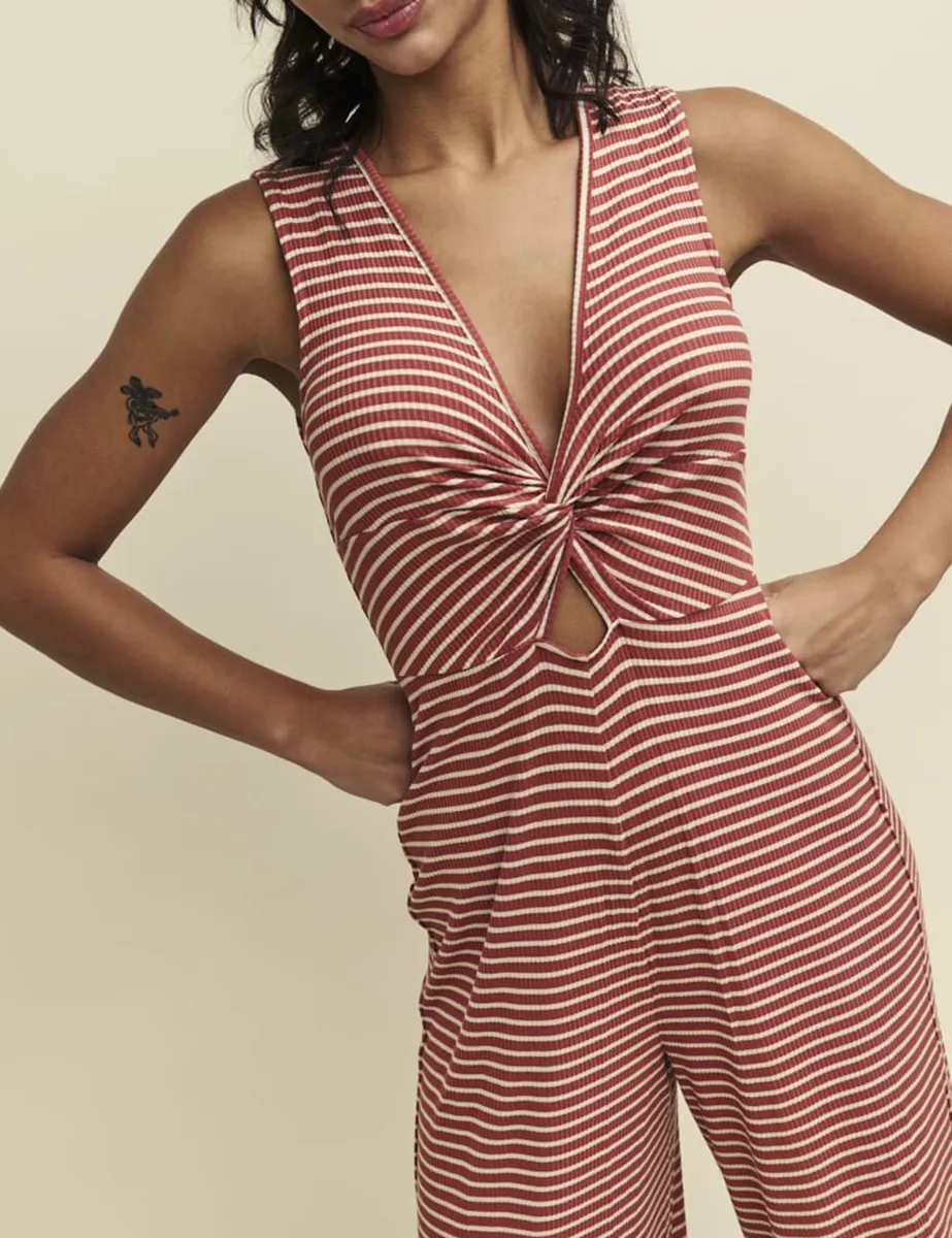 Brown Stripe Twist Front Jumpsuit