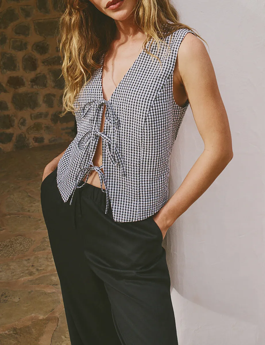 Black Gingham Tie Front Waistcoat