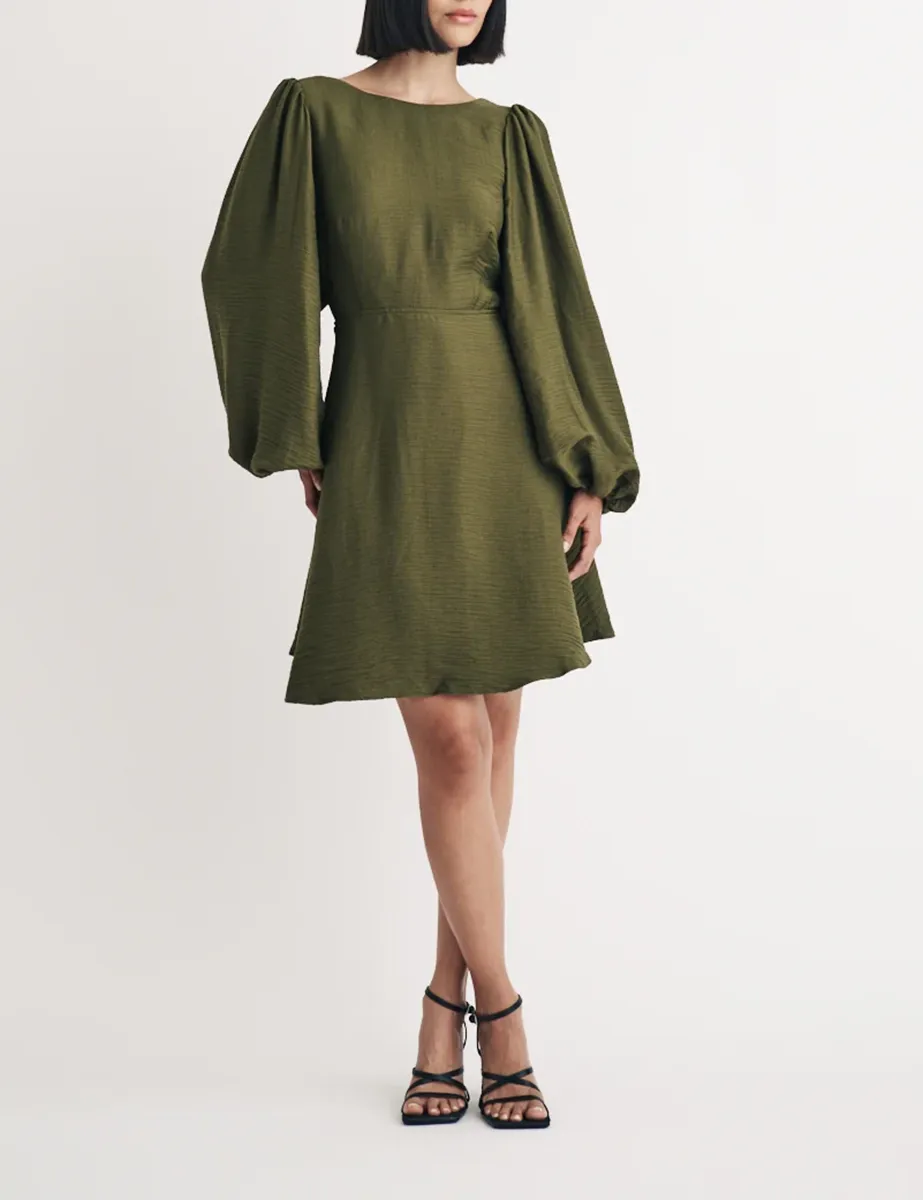 Olive Green Linen-blend Long Sleeve Shift Mini Dress