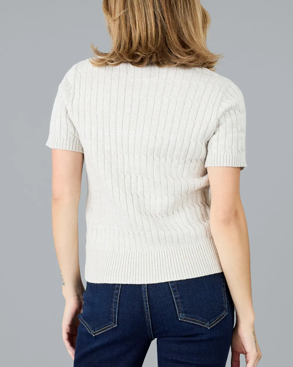 Cream V Neck Short Sleeve Knitted Top