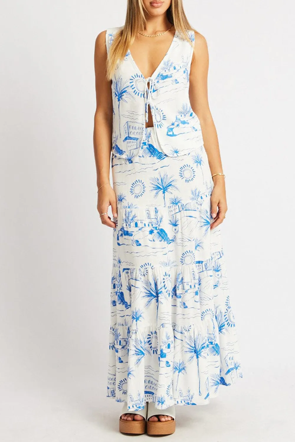 Blue Abstract Maxi Skirt Tiered High Rise Elastic Waistband