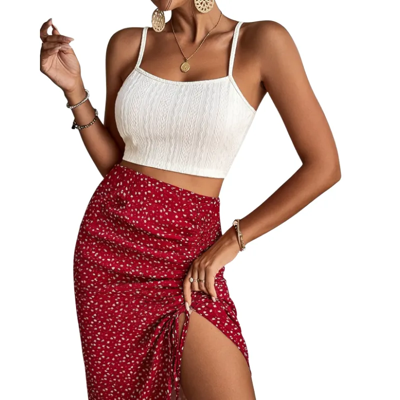 Women's Plain Cami Top & Ditsy Floral Print Ruched Drawstring Skirt Set