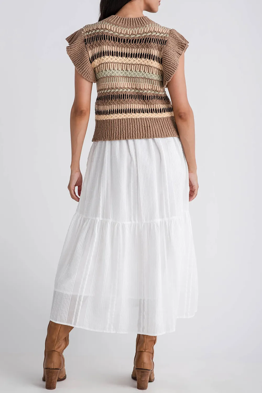 Woven Knit Midi Dress - Brown White Combo