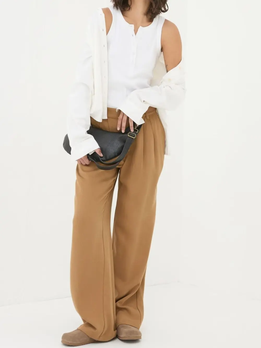 Dark Natural Wide Leg Drape Trousers