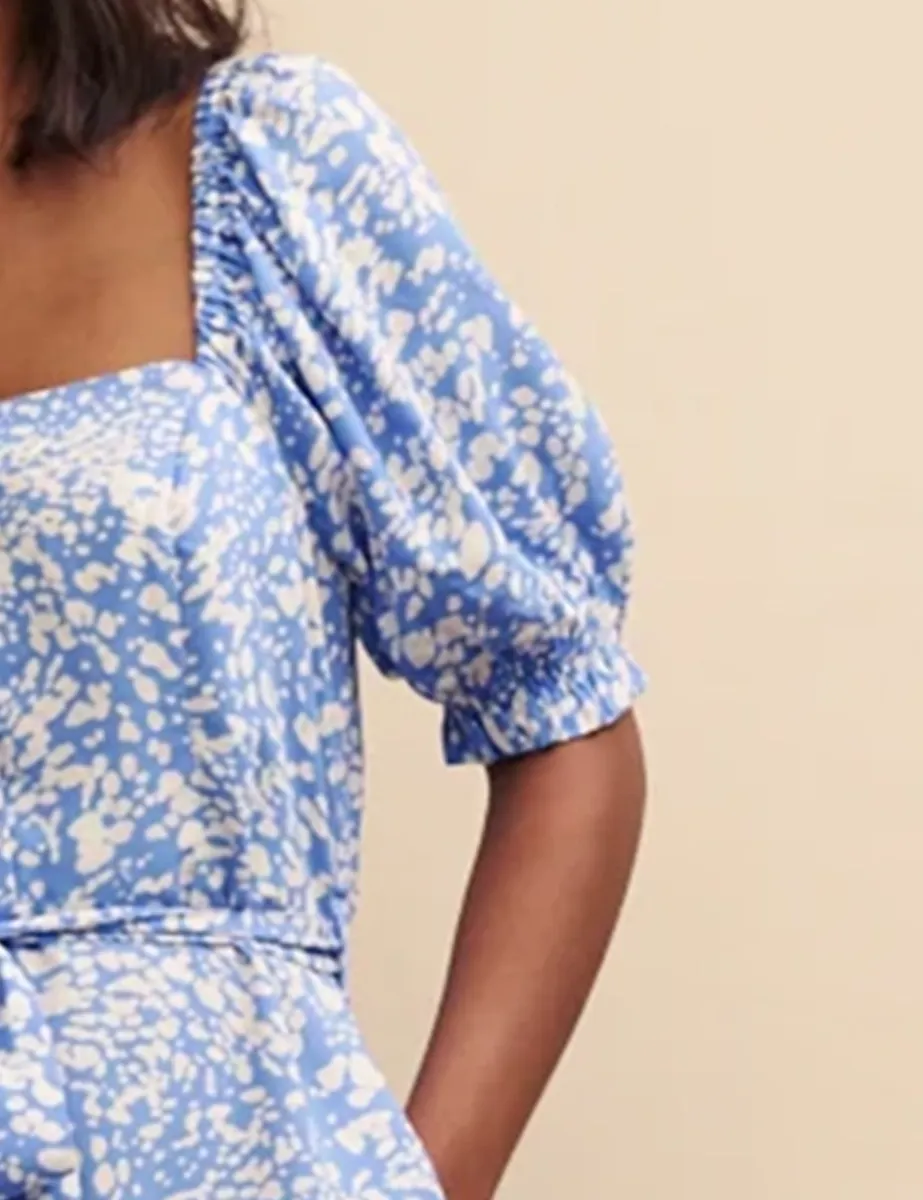 Blue Printed Tie Waist Jumpsuit