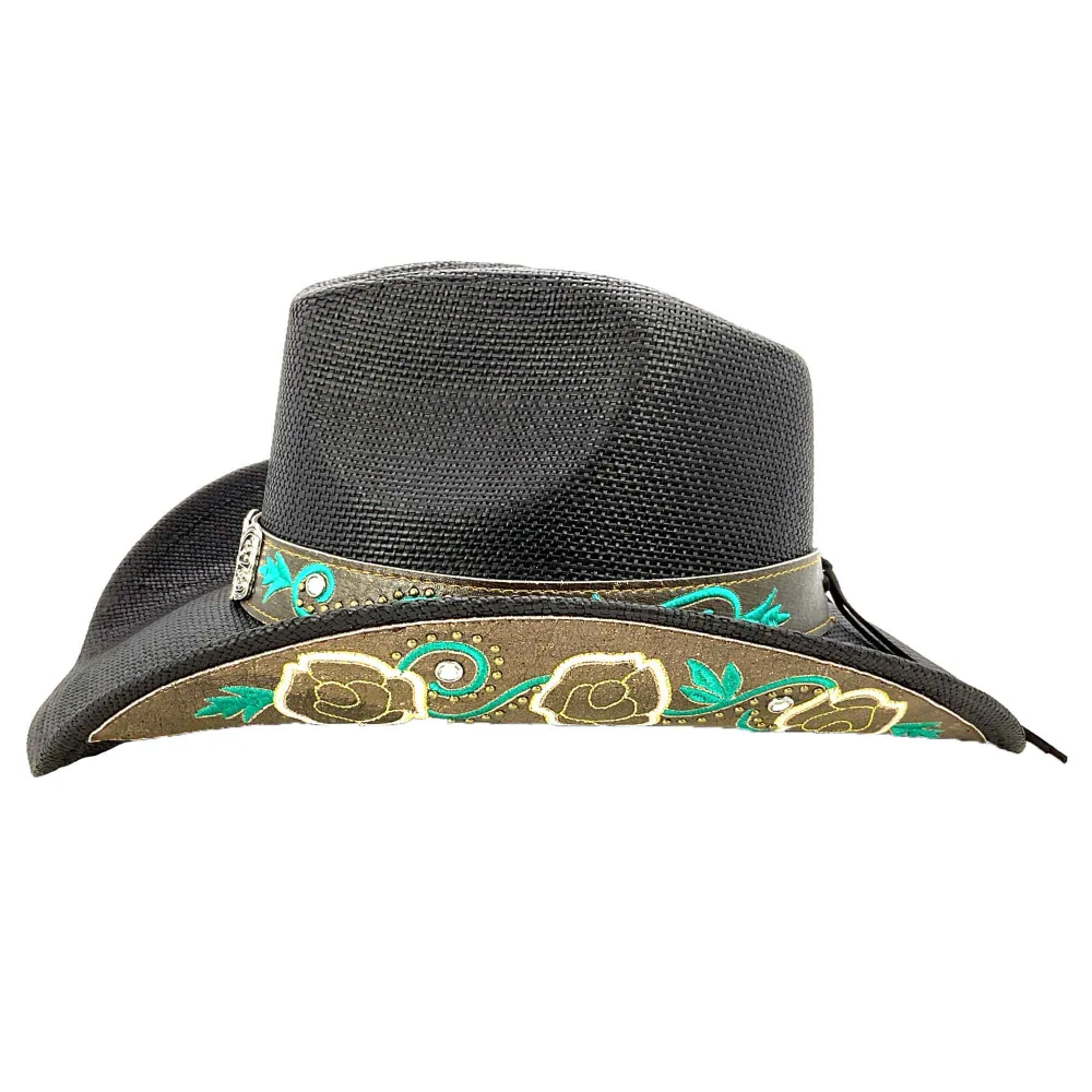 Straw Cowboy Hat with Turquoise Embroidered Band