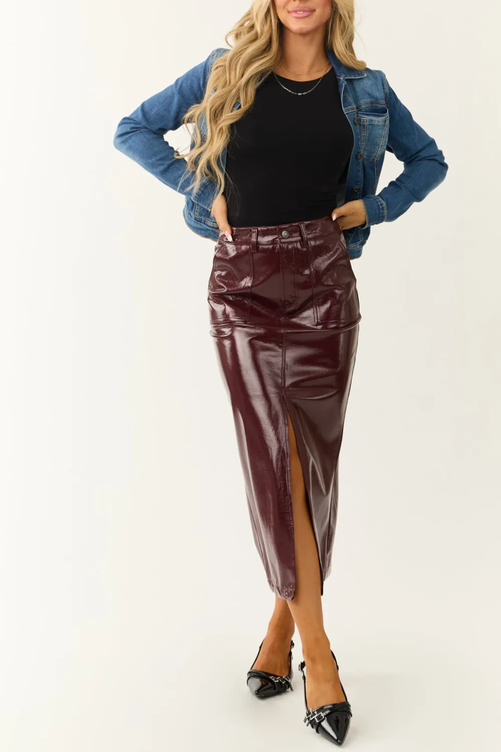 Wine Shiny Faux Leather Front Slit Midi Skirt