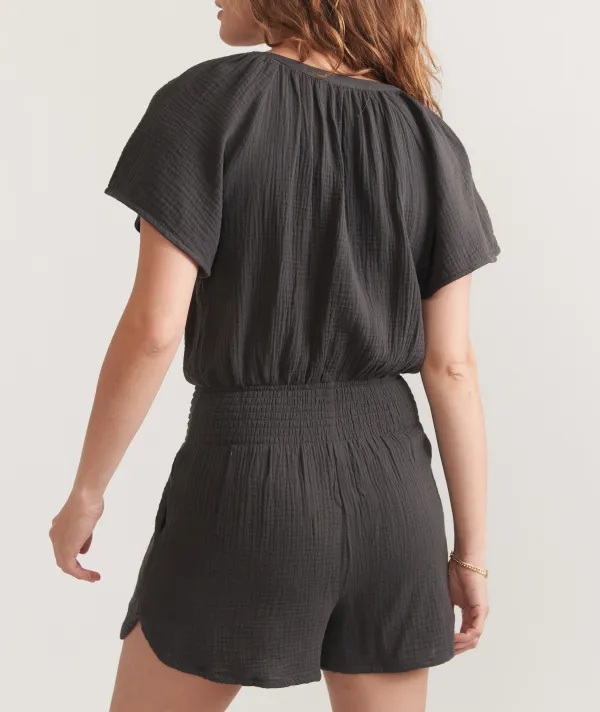 Short-Sleeve Buttoned Linen Romper