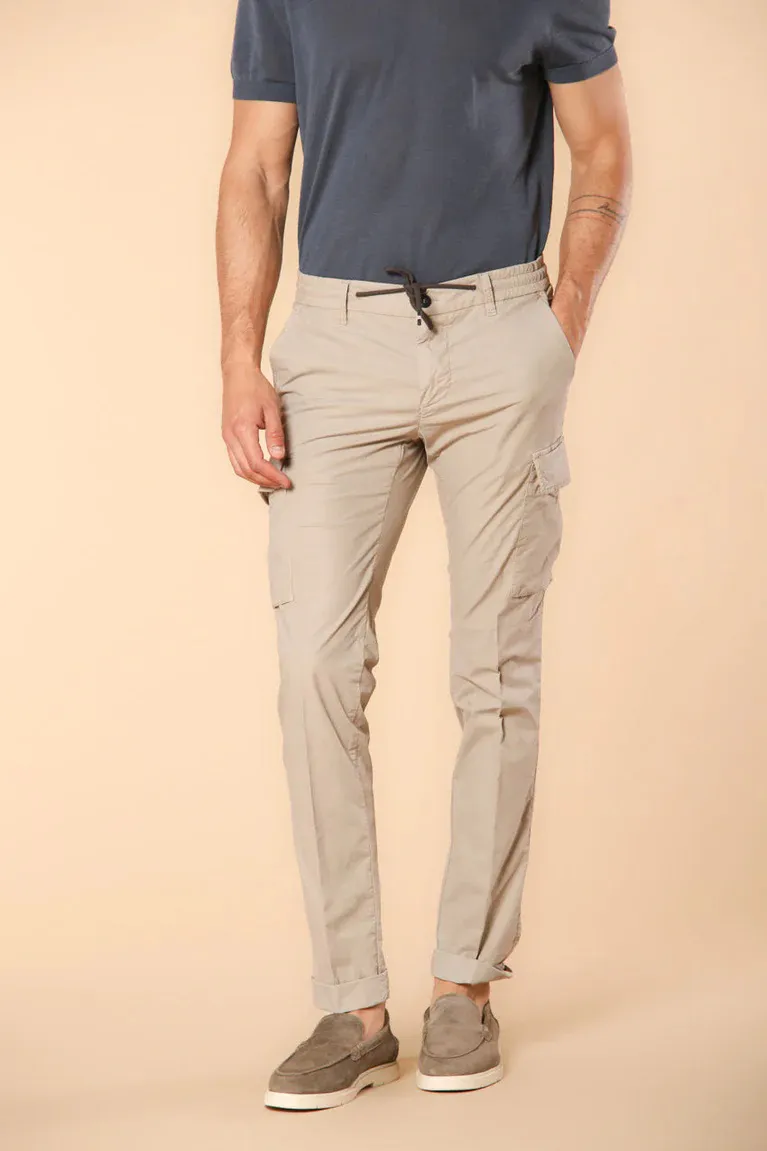 Men's Light Beige Slim Fit Parachute Fabric Cargo Pants with Large Pockets