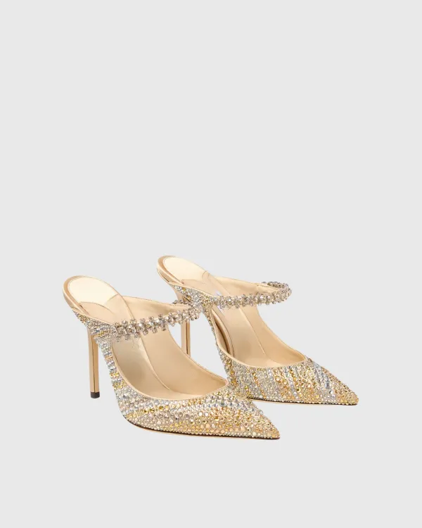 Rhinestone Strap Mules in Gold