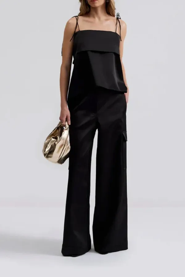 Black Strappy Backless Satin Tops