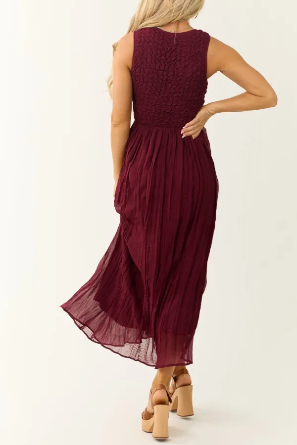 Wine Sleeveless Smocked Scoop Neck Maxi Dress