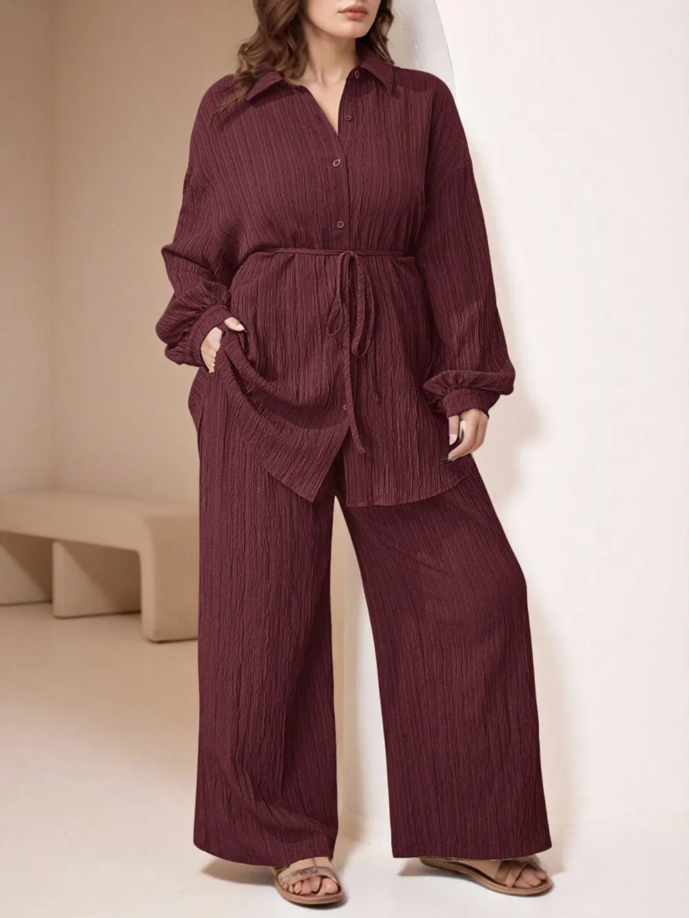 Women's Plus Size Plain Button-Up 2pc Set