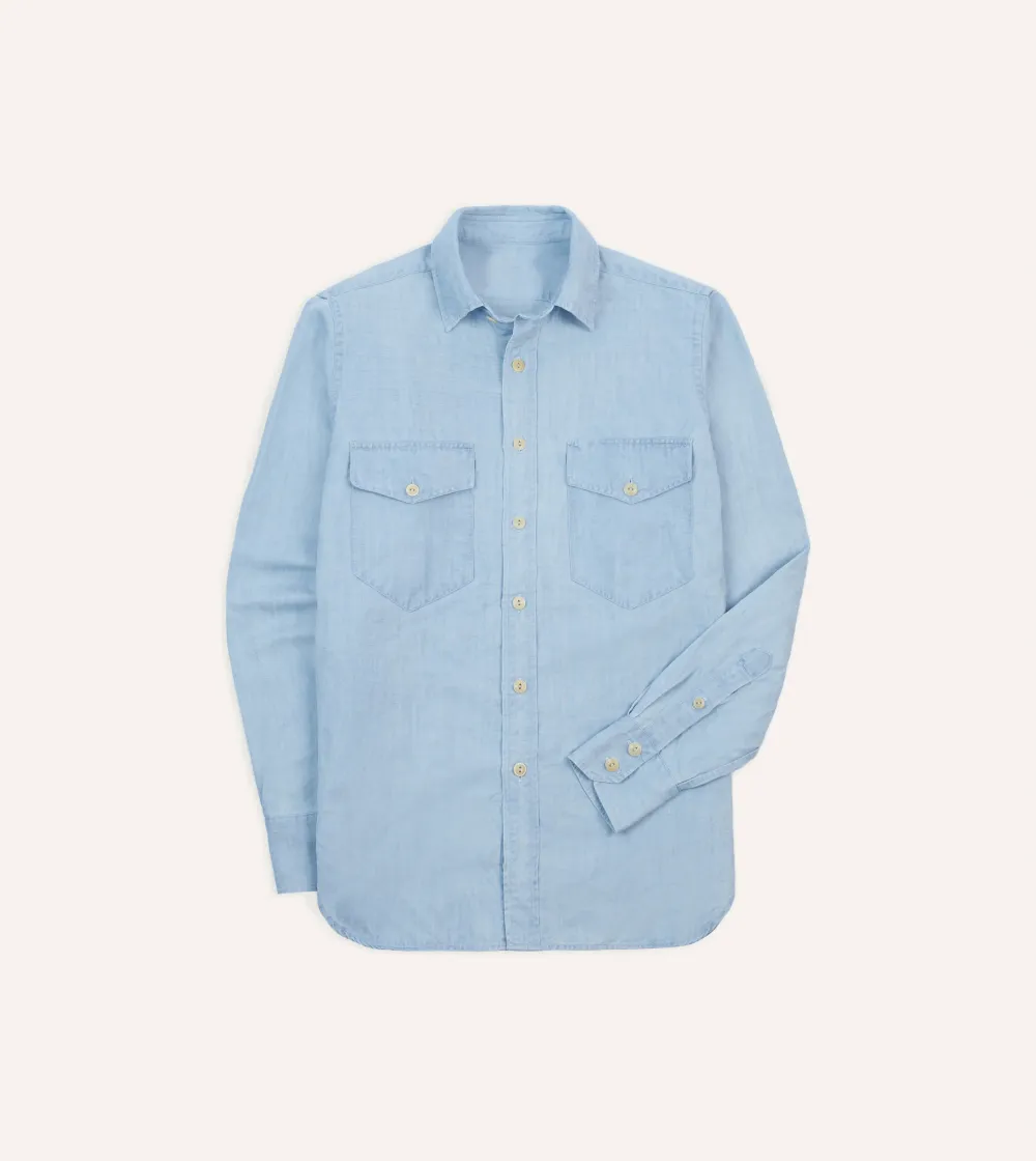 Bleach Wash Cotton-Linen Long Point Collar Work Shirt Casual Style