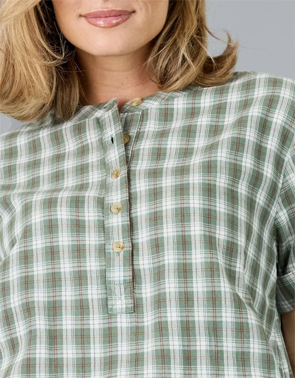 Green And White Checkered Henley Shirt