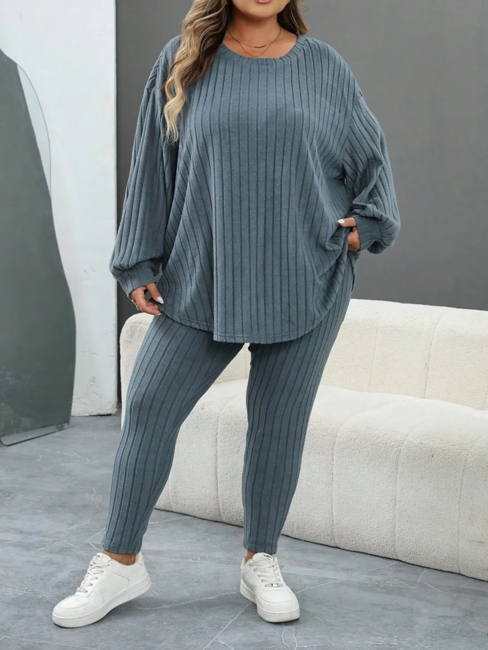 Plus Size Women's Autumn-Winter Ribbed 2pc Drop Shoulder Set