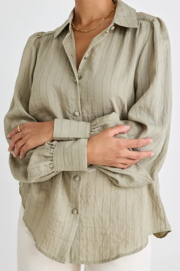 Khaki Stripe Lace Insert Blouse