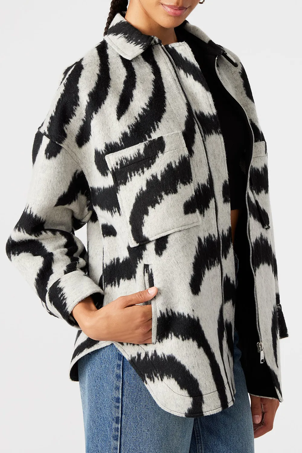 Swirl Print Felt Shacket Jacket White Multi