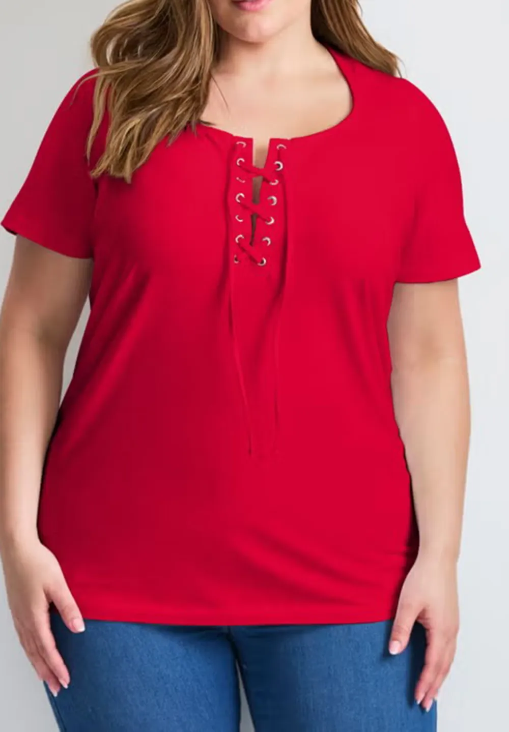 Solid Color Drawstring Front Placket T-Shirt
