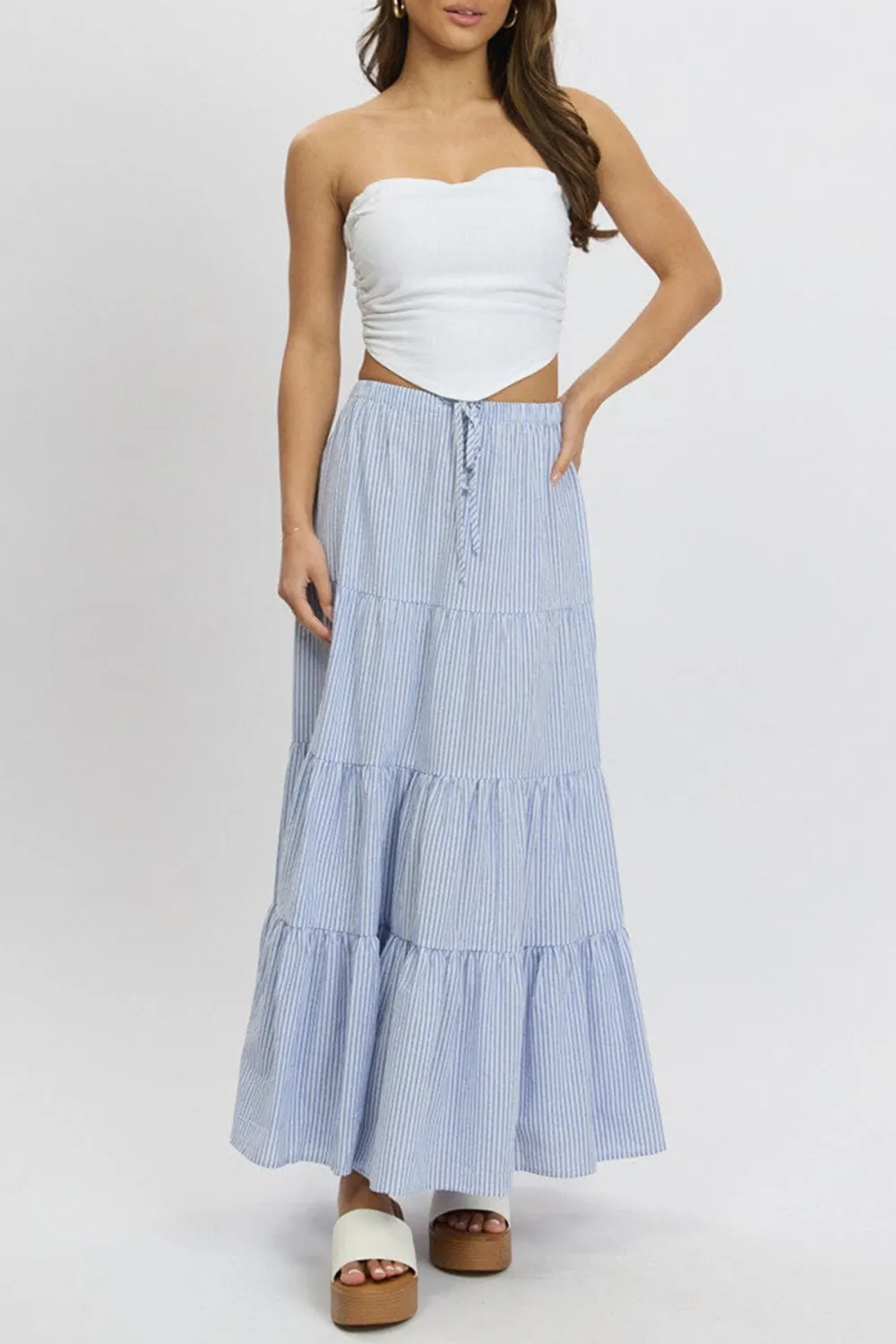 Blue Stripe Maxi Skirt Tiered High Rise Elastic Waistband