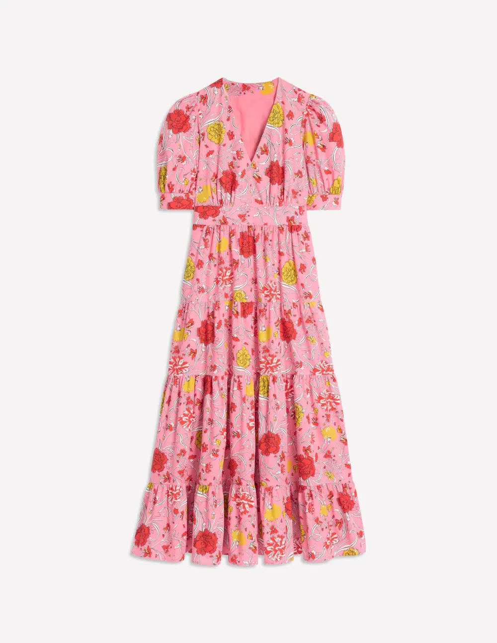 Pink and Yellow Floral Puff - Sleeve Maxi Dress