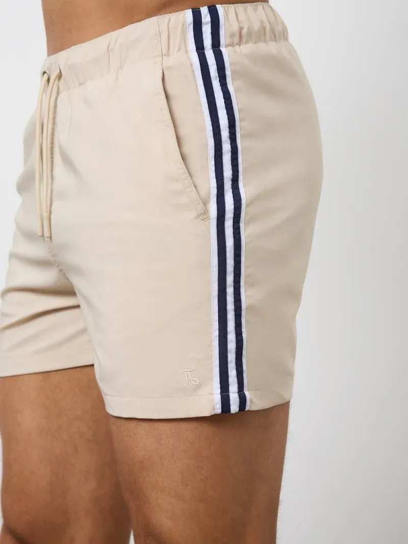 Beige Side Stripe Slim Fit Swim Shorts