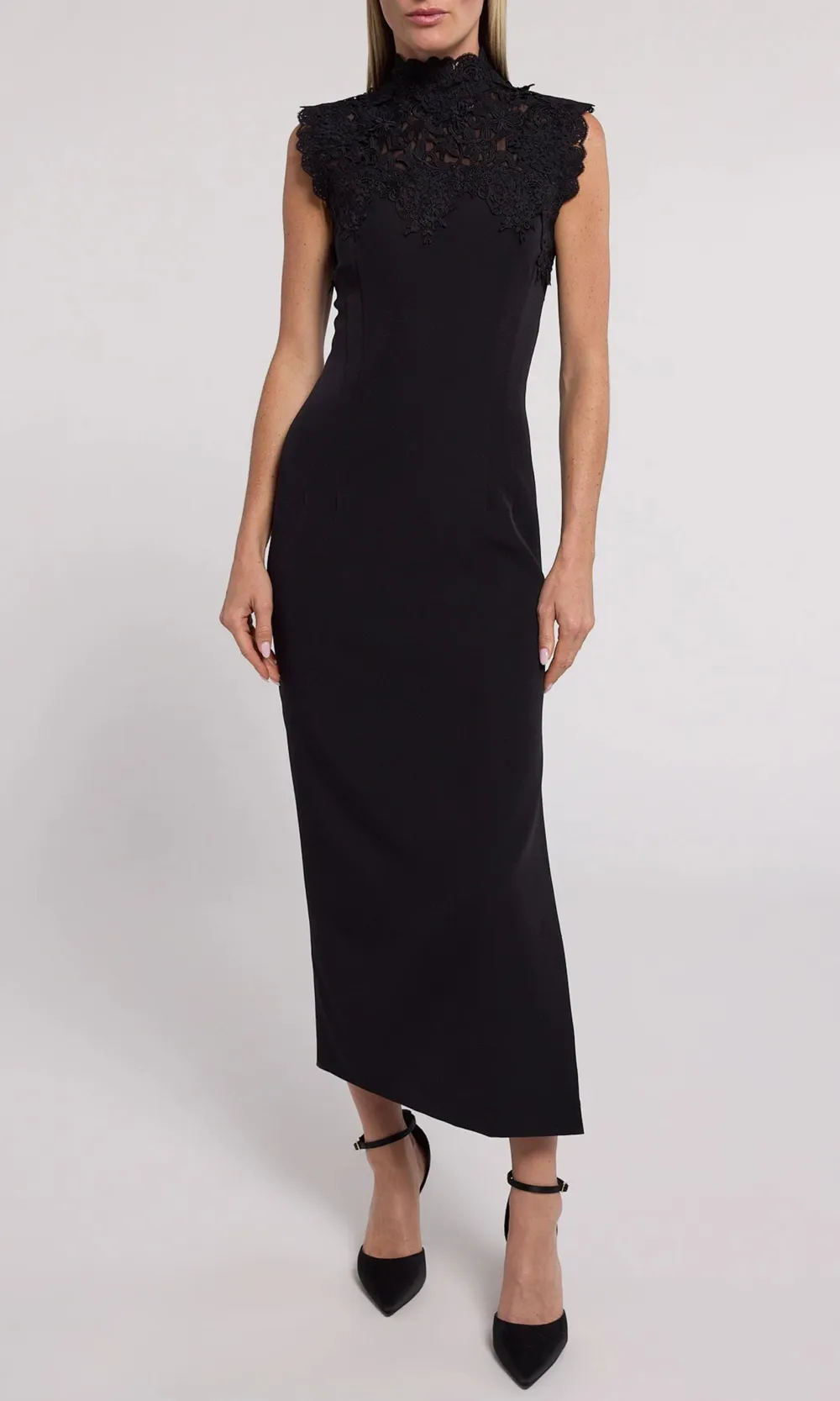 Lace Panel Crepe Turtleneck Dress