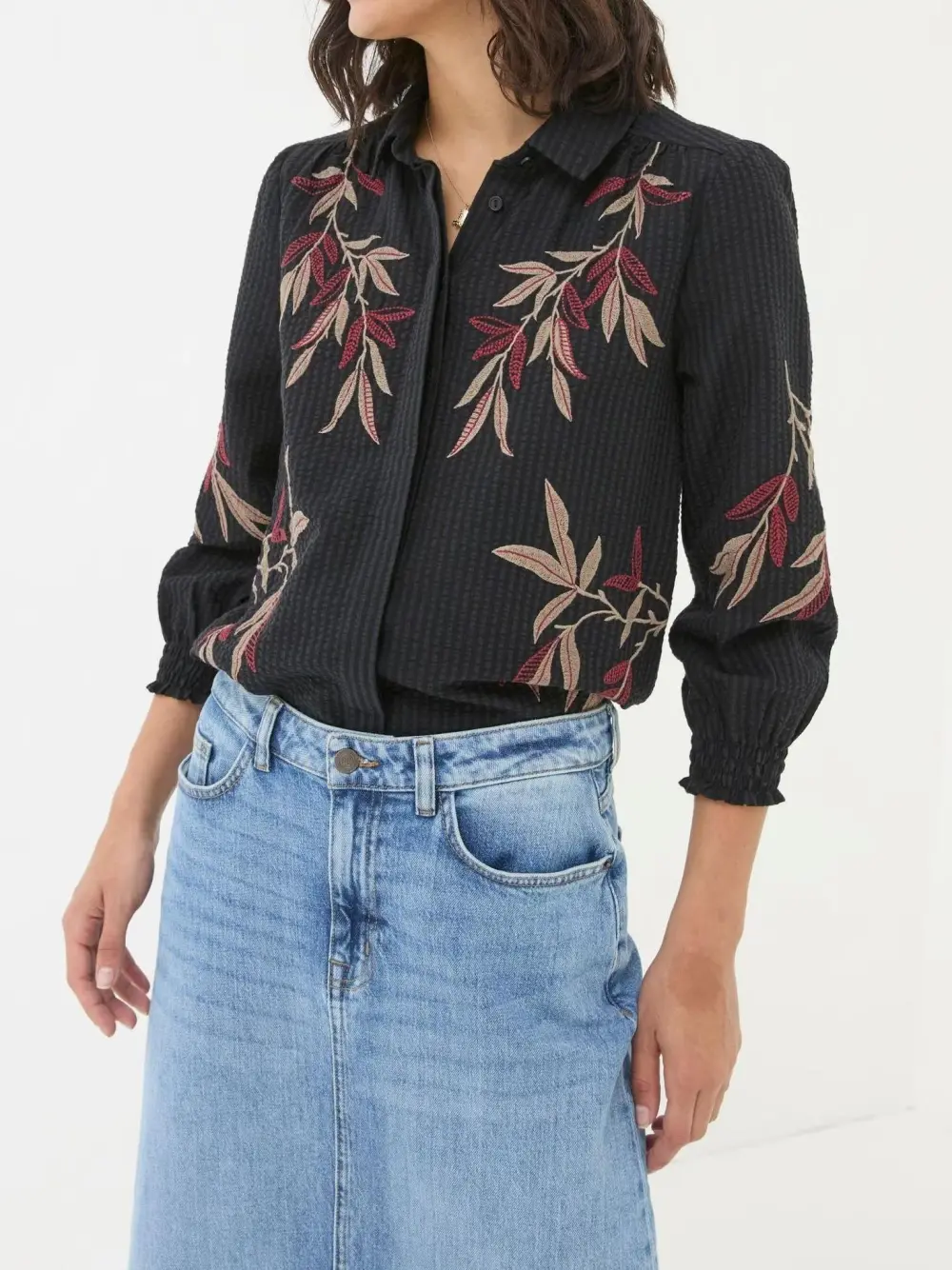 Black Plants Printed Button Shirt