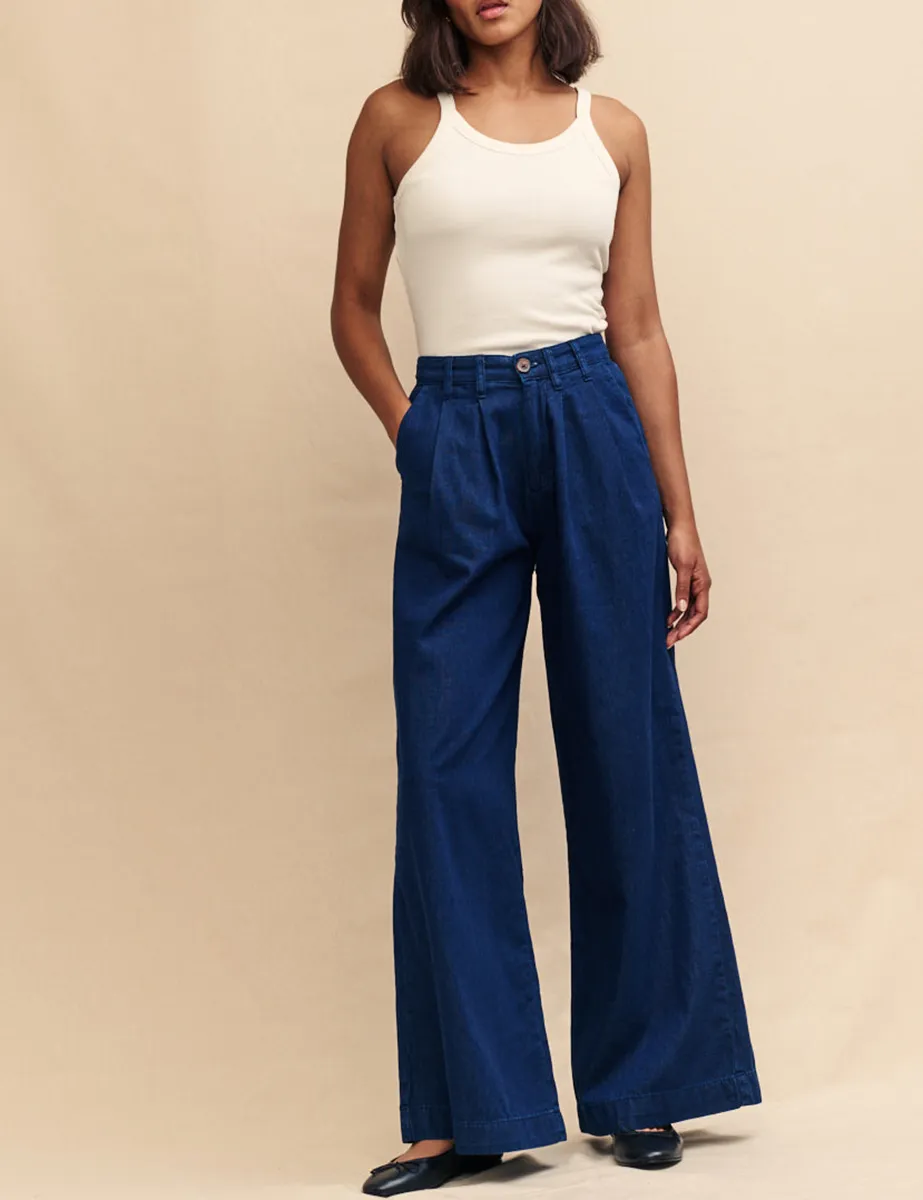 Dark Denim Double Pleat Wide Leg Jean