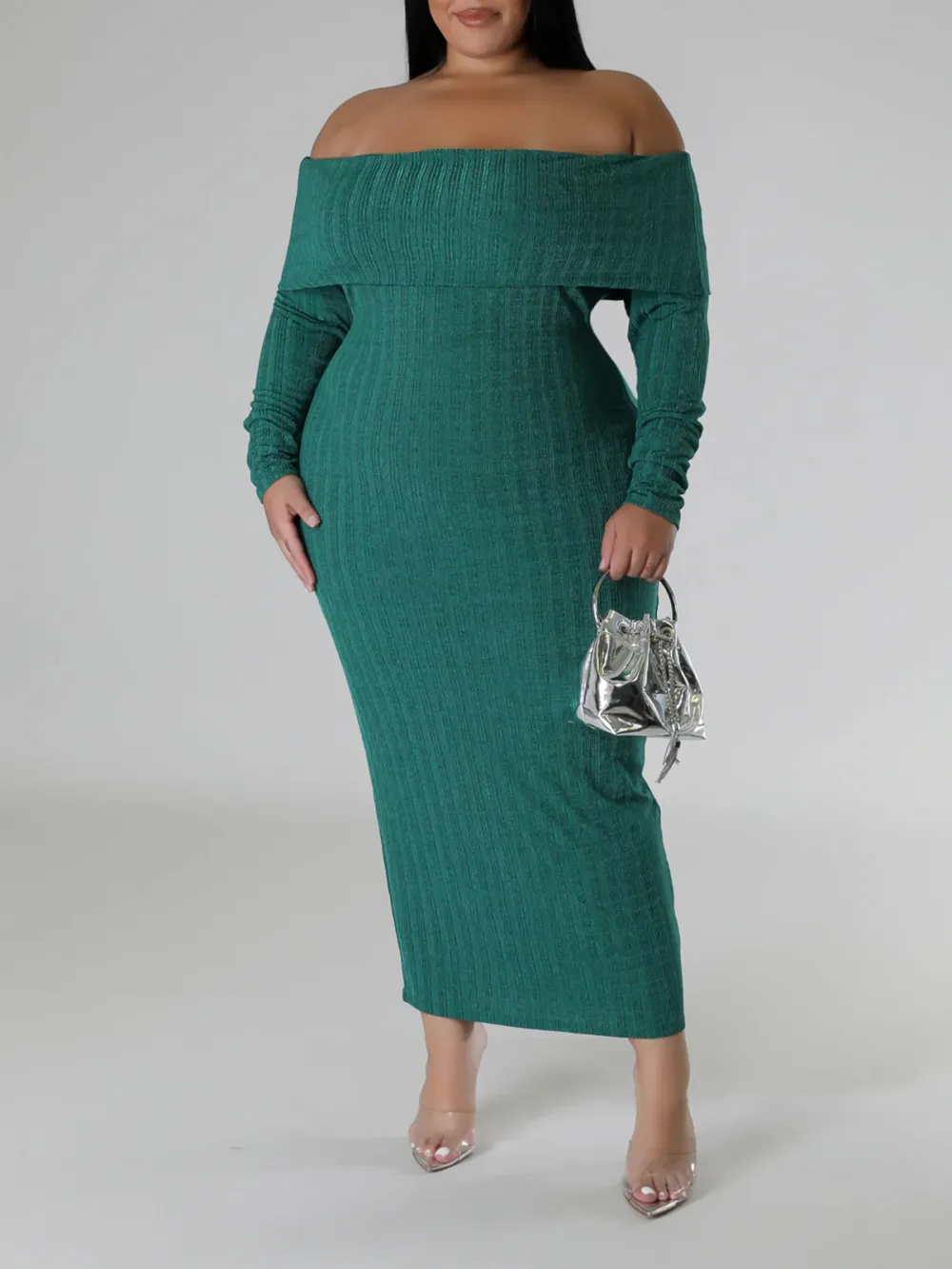 Long Sleeve Straight Neck Maxi Dress