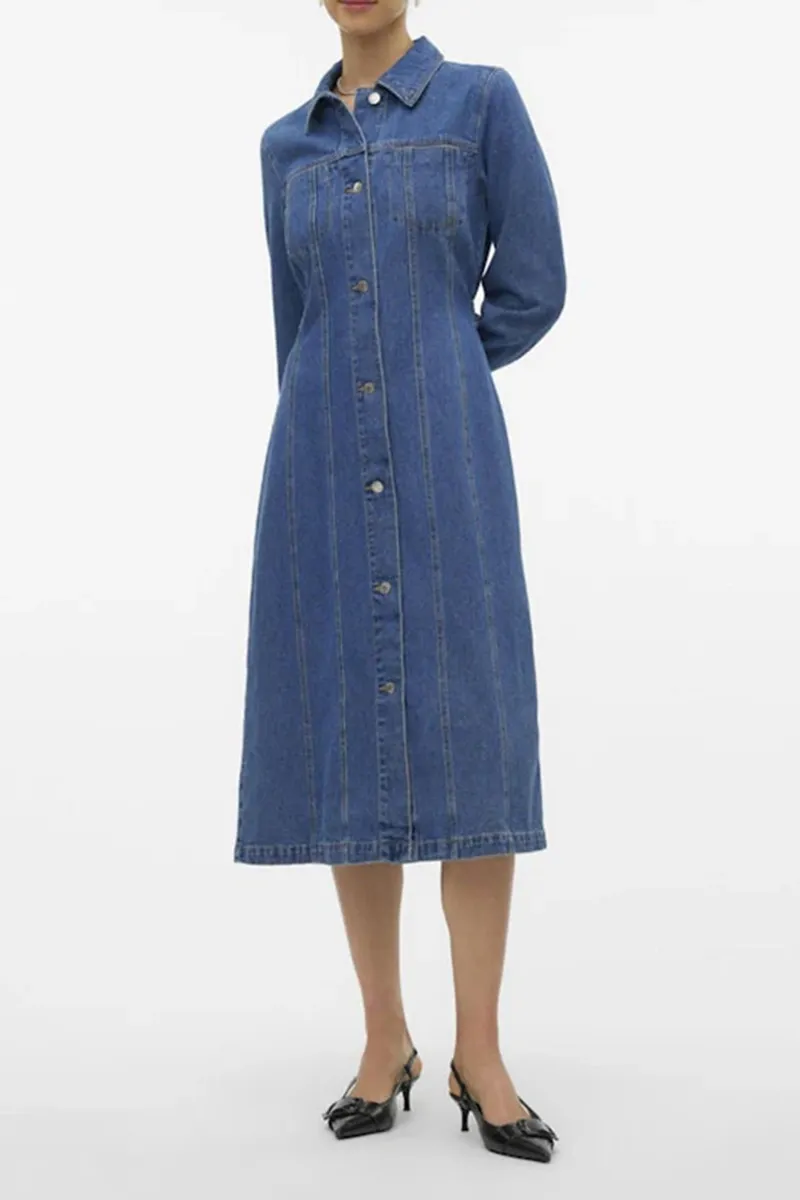 Denim Button Front Long Sleeve Dresses